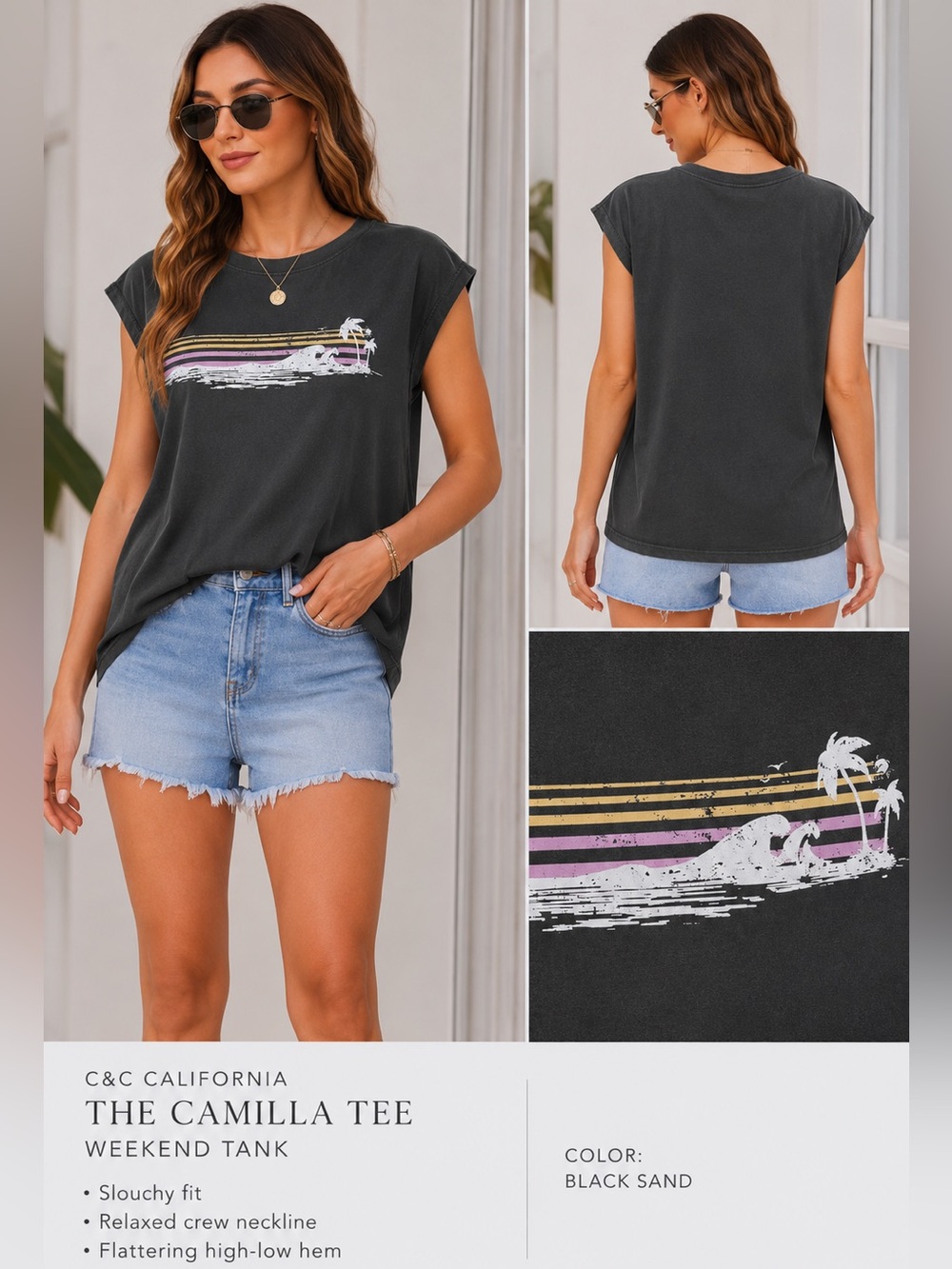 NWT C&C California Camilla Tee Weekend Tank XL Black Sand Beach Graphic